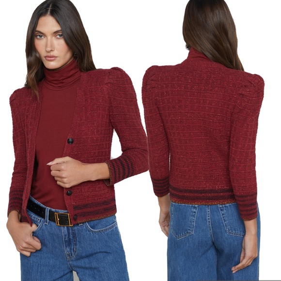 L’AGENCE NWT Jenni Striped Button Front Cardigan Large waffle knit puff sleeves - Picture 1 of 12